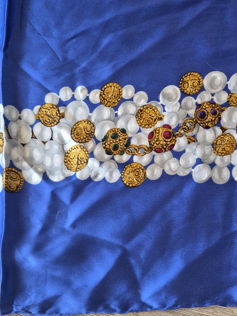 Vintage Chanel Blue Silk Scarf with Jewel Chain Border 33" Made In Italy - Picture 9 of 11